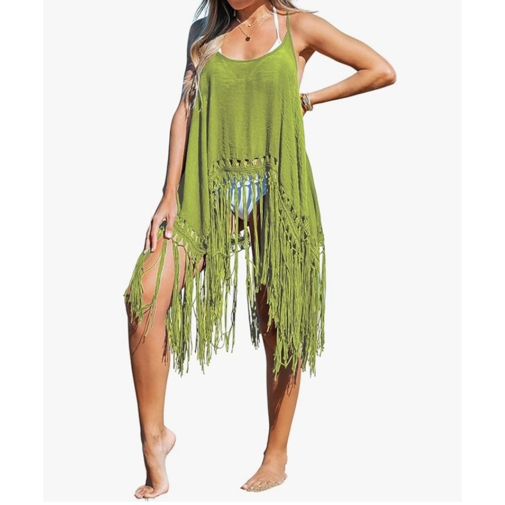 Lime Green Macrame Fringe Swim Beach Cover Up Boho Festival Tunic Top